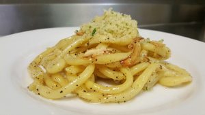 Bucatini alio olio with parmesan crumbs